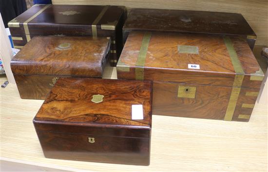 Three 19th century writing slopes and two jewellery boxes